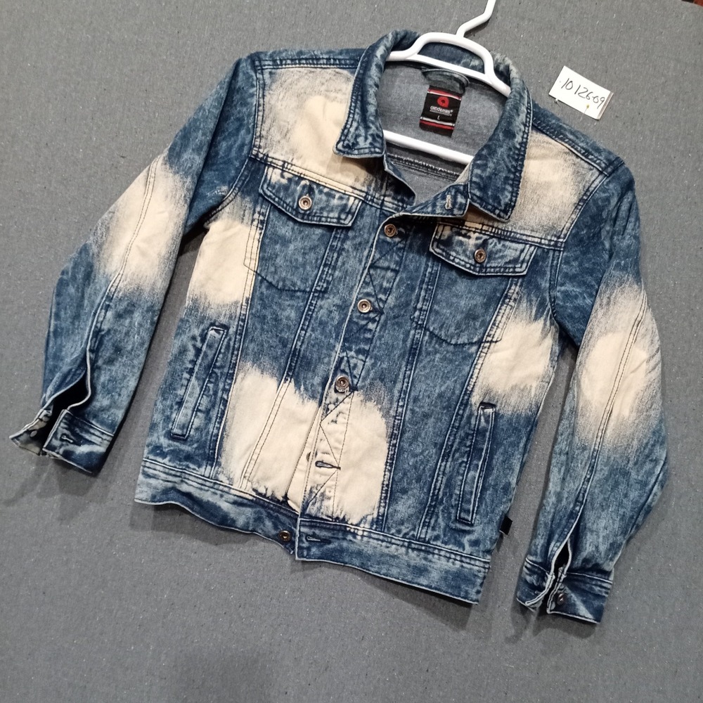 Akademiks Mens Acid Wash Denim Trucker Jacket Blue White Bleached Streetwear L